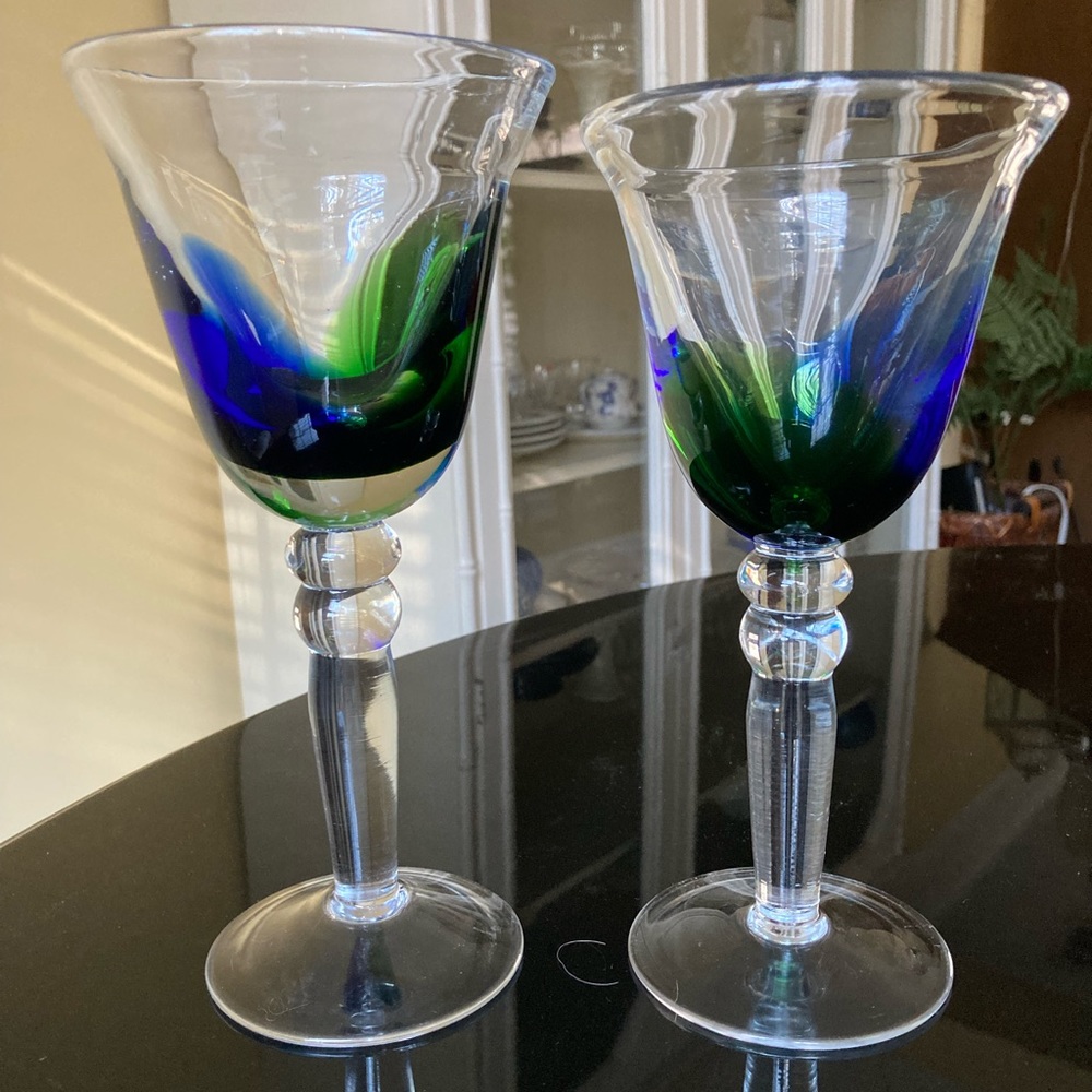 Set of 2 Blue and Green Art Glass Wine Glasses or Water Goblets